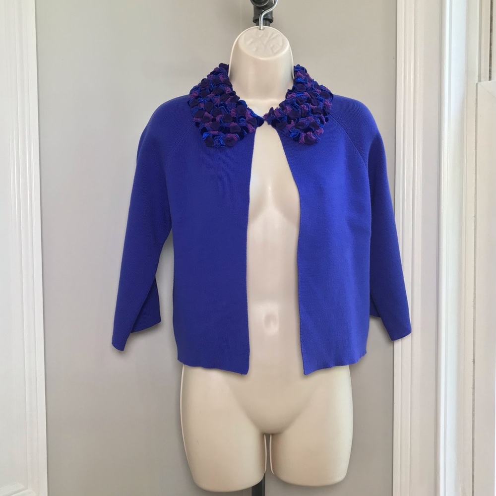 Vintage Michael Simon Blue Purple Rosette Crop Sweater Cardigan ~ Women’s Small